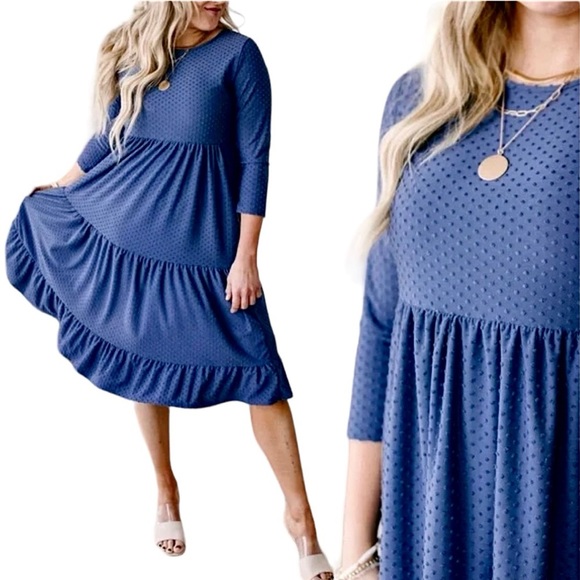 Reb in J Dress Slate Blue Swiss Dot Mid Length Tiered Skirt Long Sleeve Size L - Picture 3 of 14